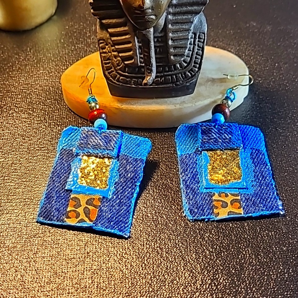 Bohemian Style Inches Blue Jeans Denim Fabric Bohemian Style Earrings.